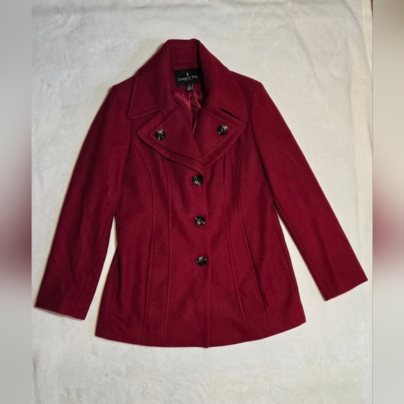 London Fog Red Pea Coat with Notched Lapel - Picture 1 of 3